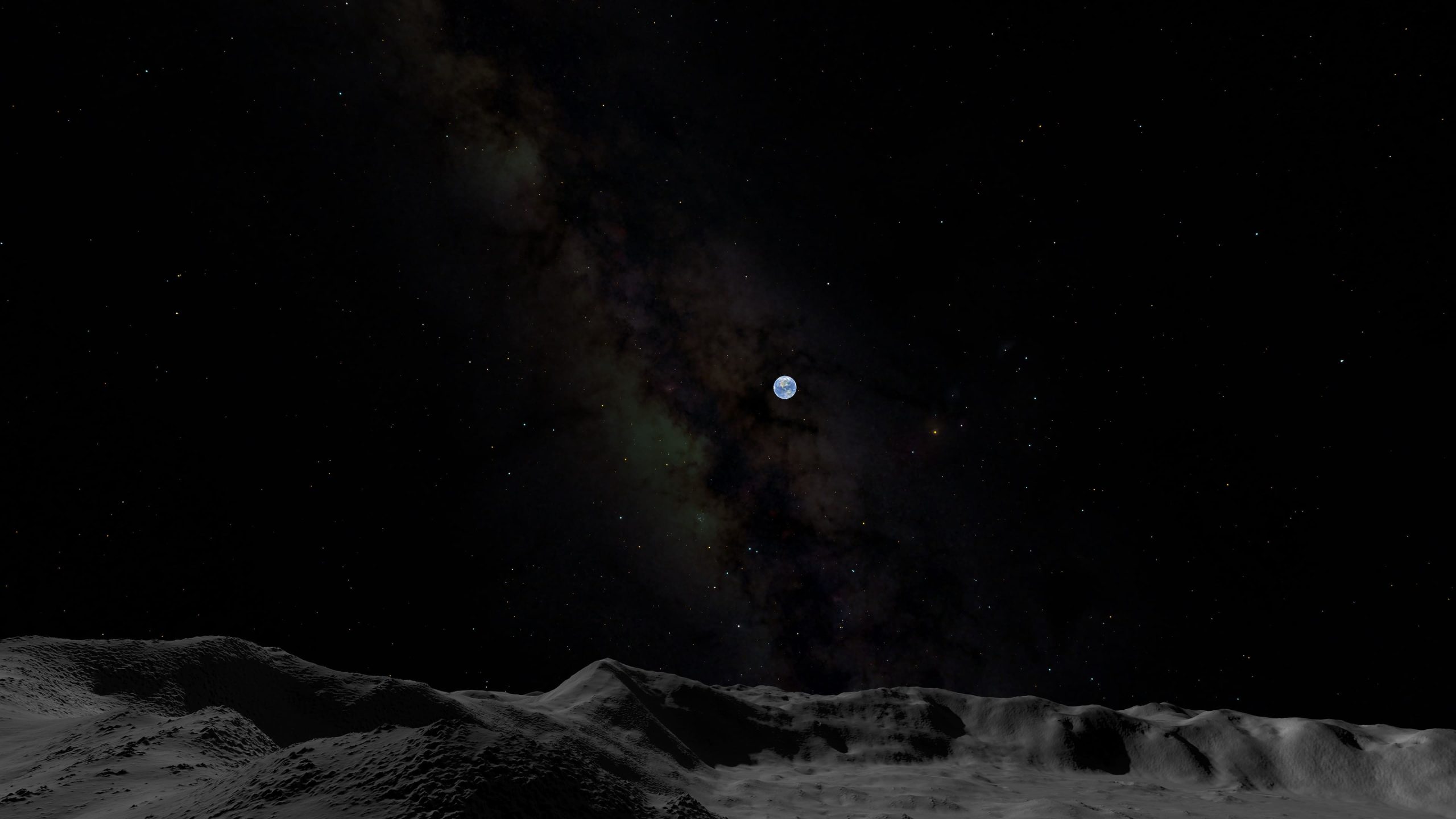 Earth appears in the space above a cratered lunar landscape, stars scattered in the background.