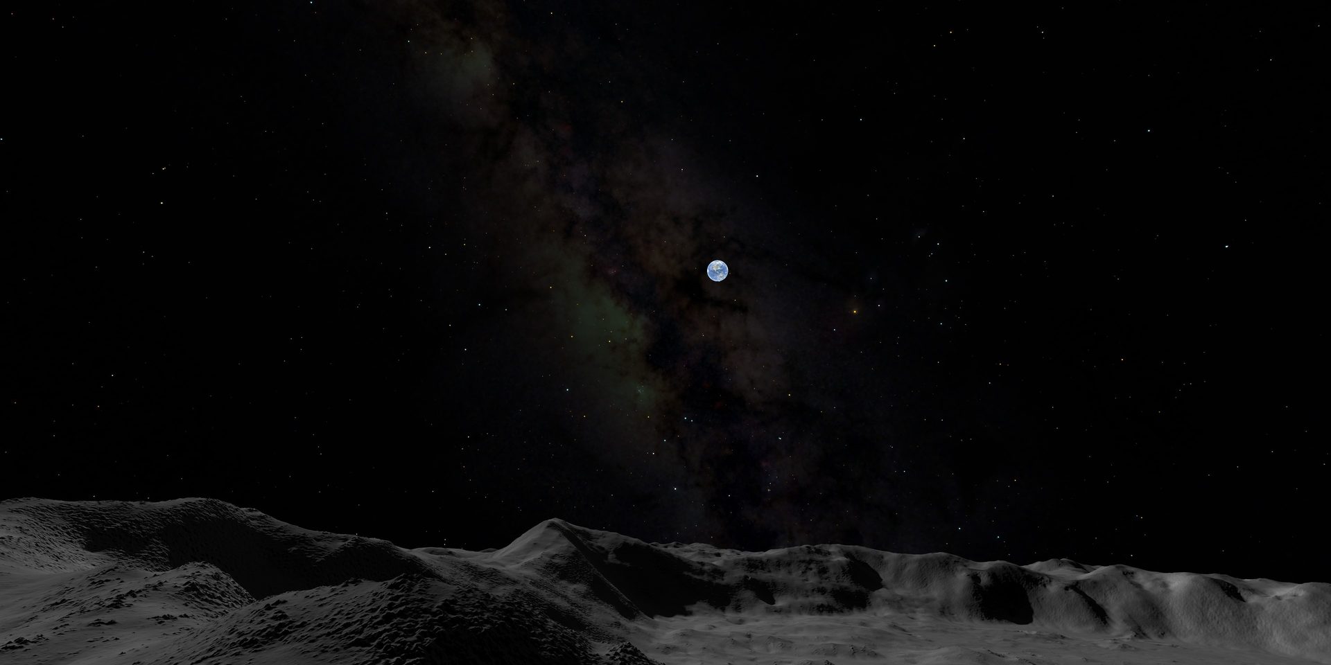 Cratered grey lunar landscape under a starry sky with a blue Earth-like planet centered.