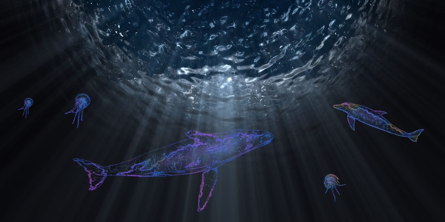 Glowing blue and purple wireframe whales and jellyfish hover underwater, illuminated by rays from above in a dark ocean scene.