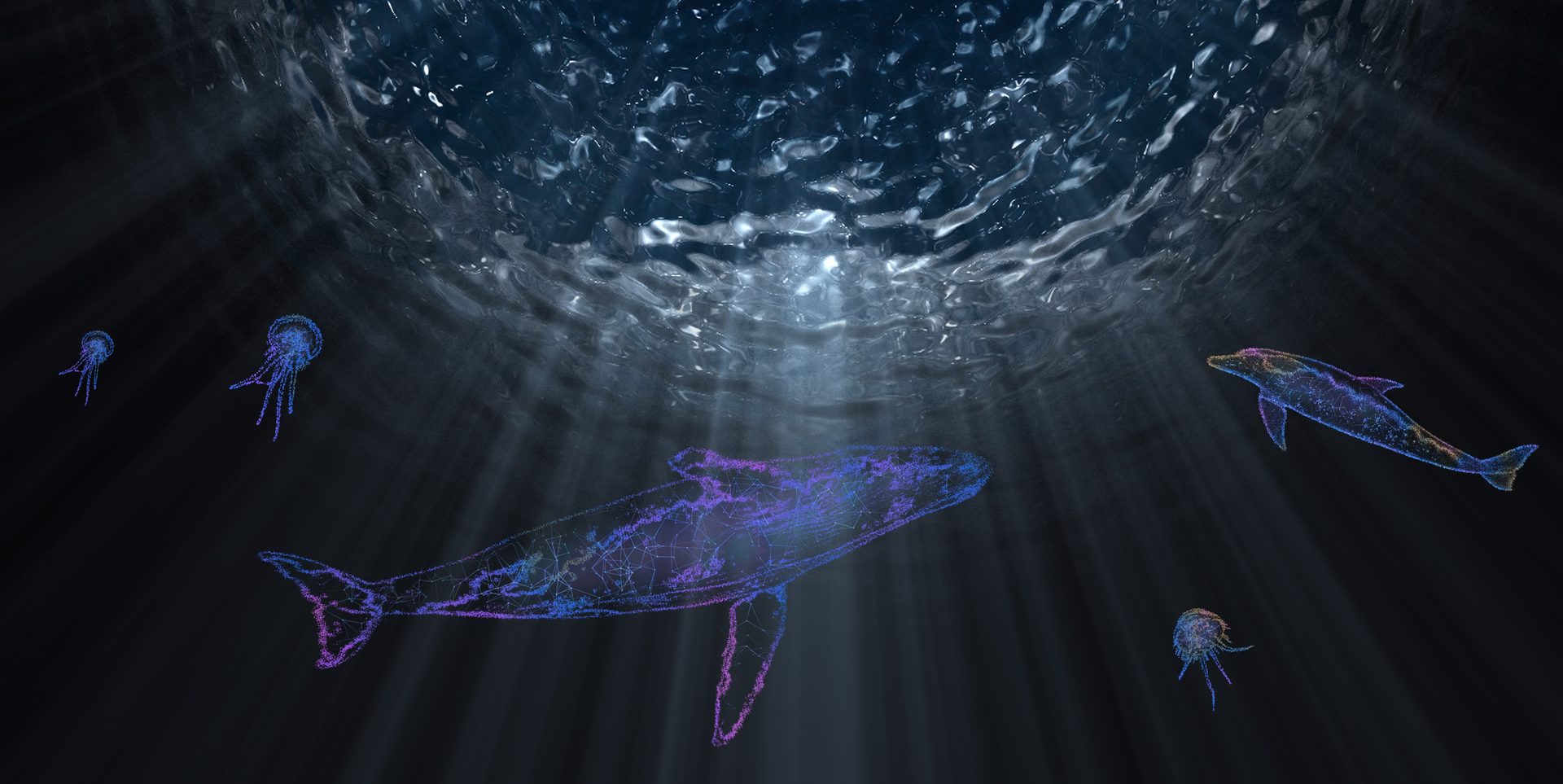 Underwater scene with glowing neon wireframe whales and jellyfish in dark blue depths