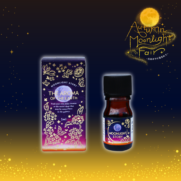 Box and small bottle labeled Moonlight Story—The Aroma of the Earth fragrance, shown on a gradient night background with gold stars; purple packaging features floral designs and a matching label on the bottle.
