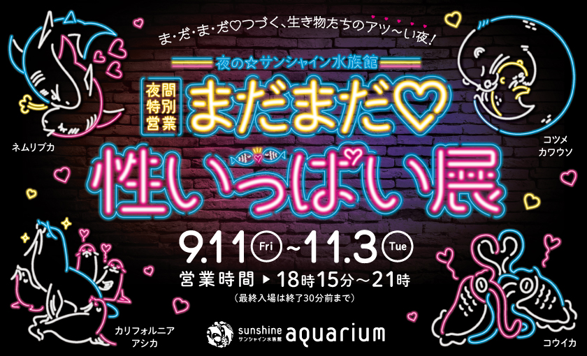 Neon sign–style poster advertising a late-night exhibition at Sunshine Aquarium, 9/11–11/3, 18:15–21:00, with colorful animal outlines on a brick background.